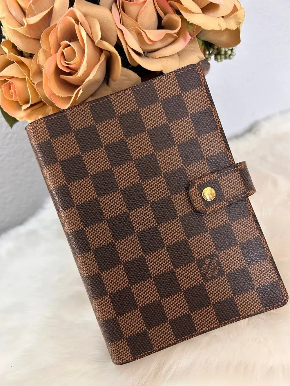 Louis Vuitton Damier Ebene MM Agenda Brown Ring Binder Planner Cover RI0184